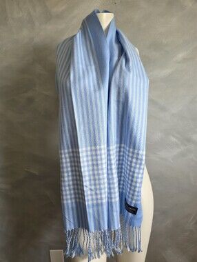 Cashmere Scarf Light Blue & White Checkered Stripe Krama 70' Including Fringe